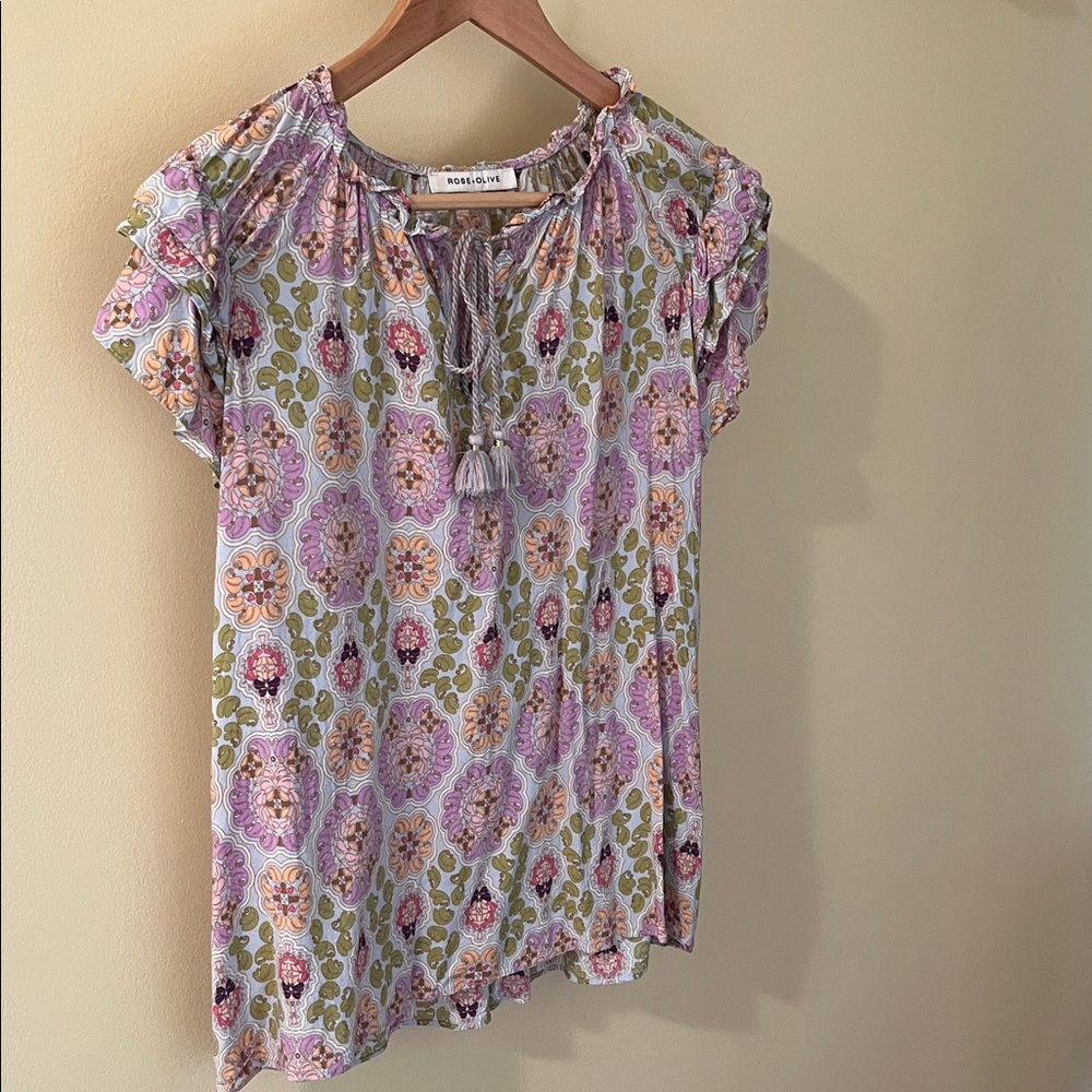 Anthropologie Rose+Olive boho ruffle trim floral rayon blouse